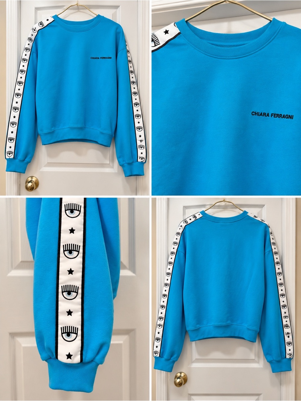 Chiara Ferragni Bright Turquoise Crewneck with Eye-Print Sleeve Tape